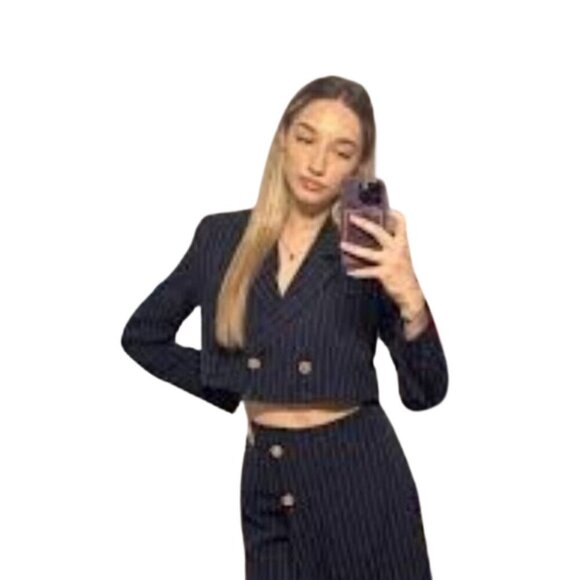 Free People Crop Blazer Tailored Navy Pinstripe Collared Gold Buttons Jacket M - Picture 11 of 12